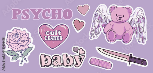 Vector illustration in popular Y2K sticker style: pastel purple tones, cute teddy bear with wings, rose, knife, hearts, lettering, and bandage. Modern mix of girly and edgy, trending in digital art.