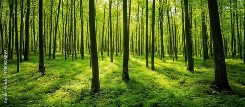 Sunlight filtering through vibrant green trees in dense deciduous forest