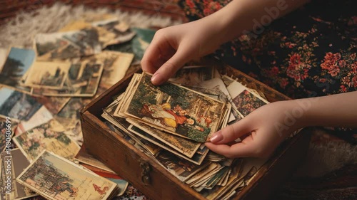 Hands holding vintage postcards from a wooden box.