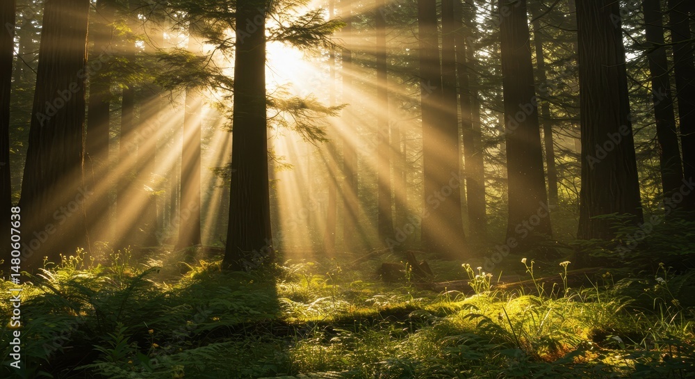 Obraz premium Sunbeams Piercing Through Misty Forest