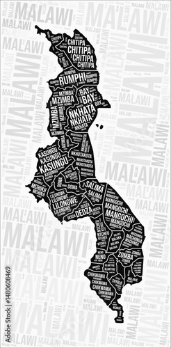 Malawi regions map word cloud. Malawi region names. Black and white map design. Elegant vector illustration.