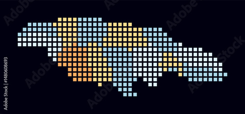 Jamaica dotted map. Digital style map of the country on a dark background. Jamaica shape with square dots. Colored dots style. Large size squares. Artistic vector illustration.