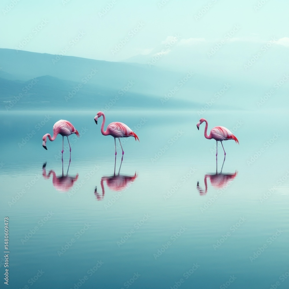 Obraz premium A Serene Flamingo Gathering on Tranquil Waters, Reflecting a Dreamy Vista