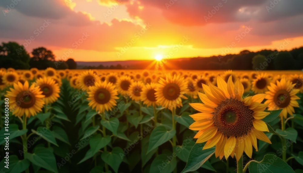 Obraz premium Golden hour sunset bathes a field of sunflowers , evening, background
