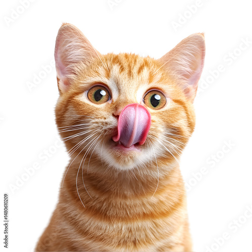 Adorable Orange Kitten Licking its Lips Against White Background