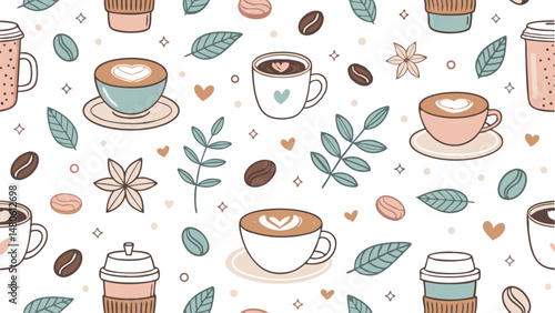 Seamless vector pattern featuring a repeating design of coffee cups and mugs.