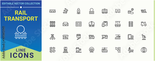 Rail Transport icon set. Pictograms of locomotive, rail, vehicle, station, subway and more. Train And Railway vector line icon set. Outline icons in linear style. Pixel perfect. Editable stroke.