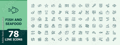 Fish And Seafood icon set. Minimalist icons pack. Includes thin line symbols animal, restaurant, fishing, fish. Vector illustration in modern line style. Restaurant vector icon set.