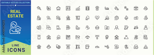 Real Estate icon set. Trendy minimal icons. Apartment icon set. Contains outline symbols like skyscraper, mortgage, home, house, estate, construction, building and more.