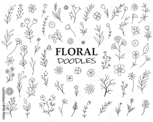 Flowers vector set. Flower isolated sign. Floral branch and minimalist leaves for logo or tattoo