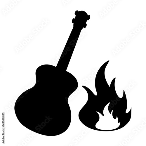 Black silhouette of an acoustic guitar engulfed in flames, musical passions burning