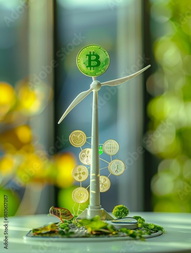 A carbon credit coin balancing on a wind turbine, green energy icons orbiting