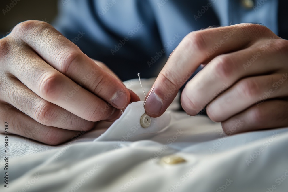 Obraz premium Hands of a skilled individual sewing a button onto a white shirt, showcasing meticulous attention to detail and craftsmanship in a cozy, well-lit sewing environment