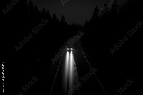 Lonely Road: A lone car navigates a dark winding road, its headlights piercing through the blackness, suggesting a journey into the unknown.