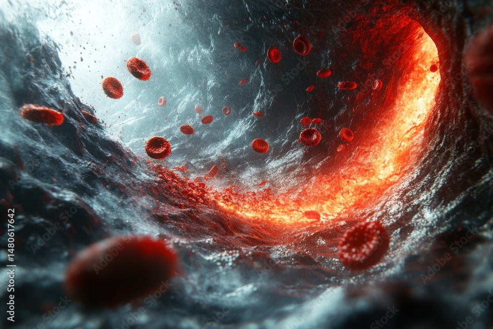 custom made wallpaper toronto digitalAbstract illustration of flowing red blood cells in a dynamic, swirling environment, showcasing vibrant colors and textures, representing the movement of life within the human body