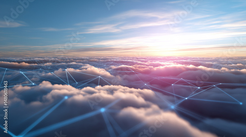 Fototapeta Naklejka Na Ścianę i Meble -  Digital network lines overlaying clouds at sunrise, symbolizing cloud computing and connectivity.
