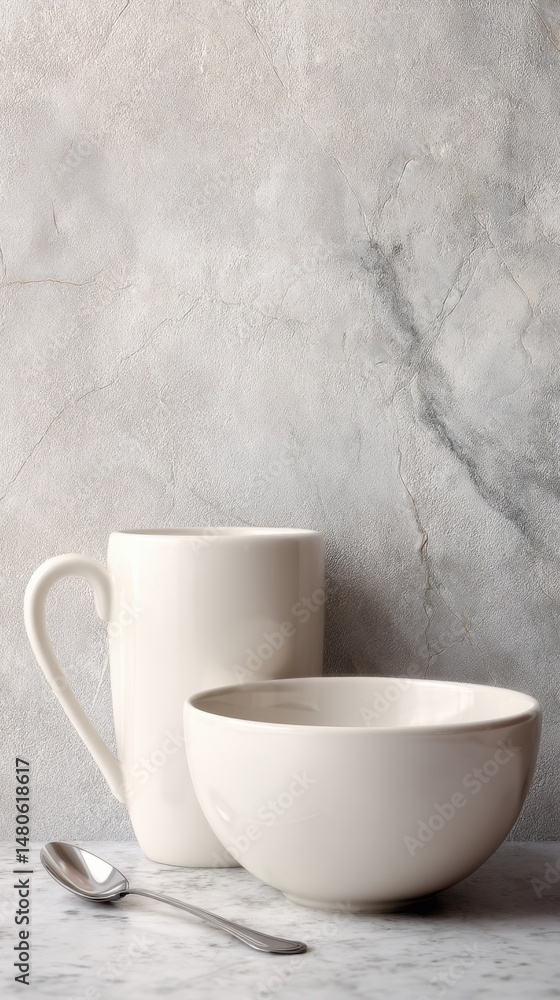 Minimalist Still Life of White Mug Bowl and Spoon on Marble Surface Against Textured Backdrop Studio Shot Minimalist Still Life of White Mug Bowl and Spoon on Marble Surface Against Textured Backdrop Studio Shot