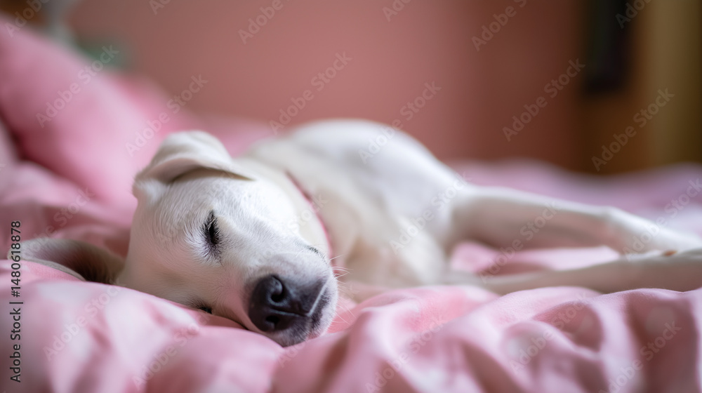 Obraz premium Small dog peacefully sleeping in a fluffy pink pet bed.