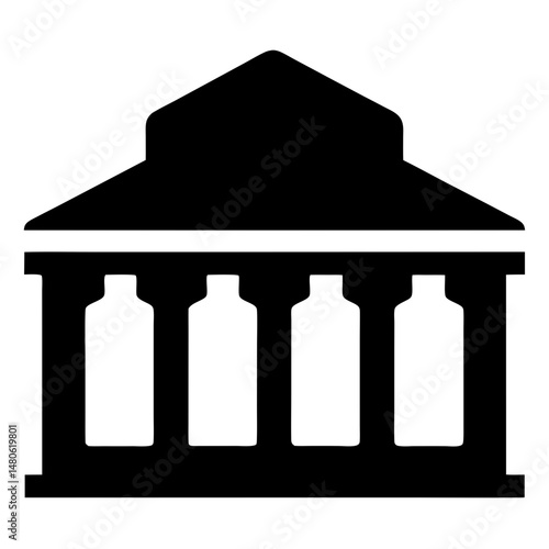 Black and white graphic illustration of a building with prominent columns