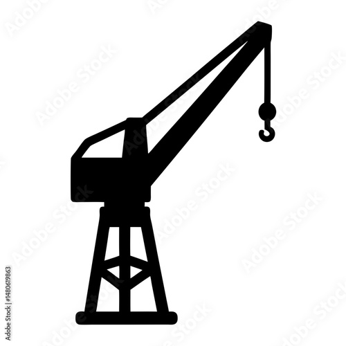 Black silhouette illustration of a harbor crane with a hook and support tower