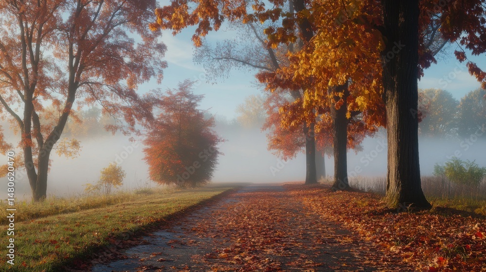 Fototapeta premium Autumn Path with Fog and Colorful Trees