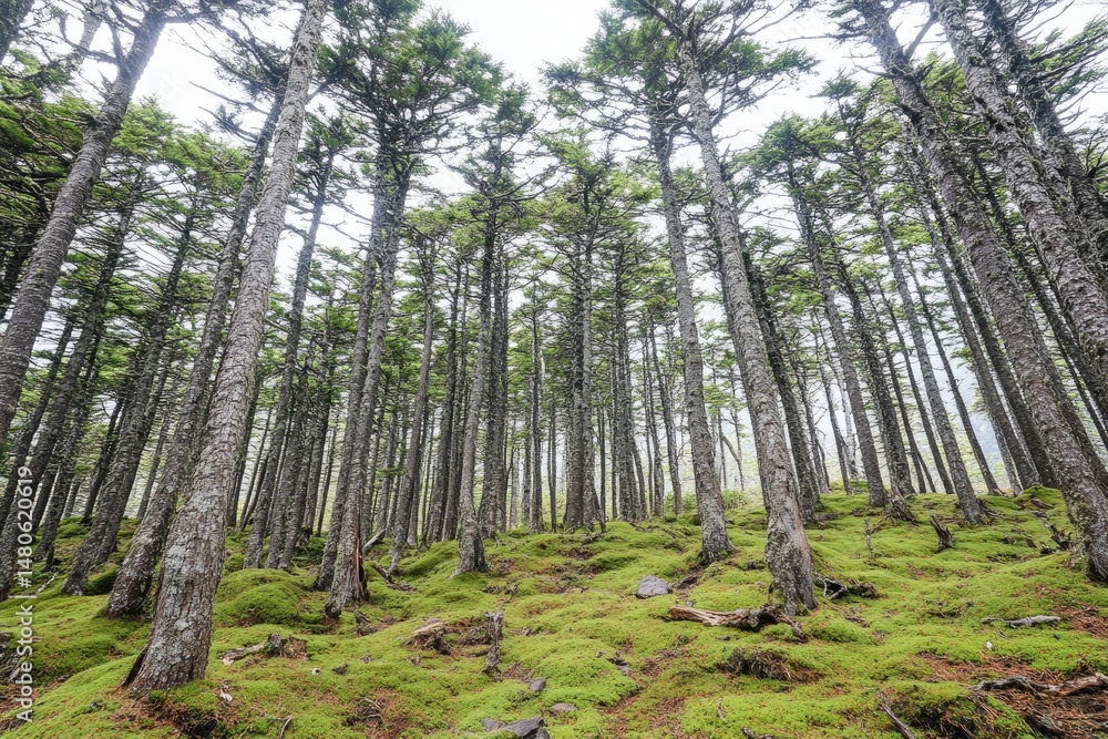 Obraz premium Lush forest floor, tall trees