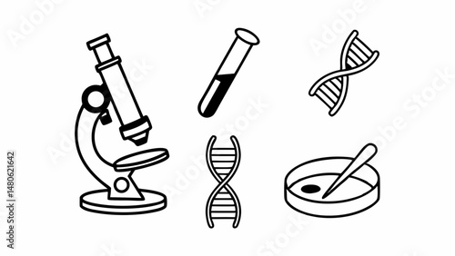 Illustration of scientific equipment including a microscope test tube dna and petri dish in black and white created with generated ai