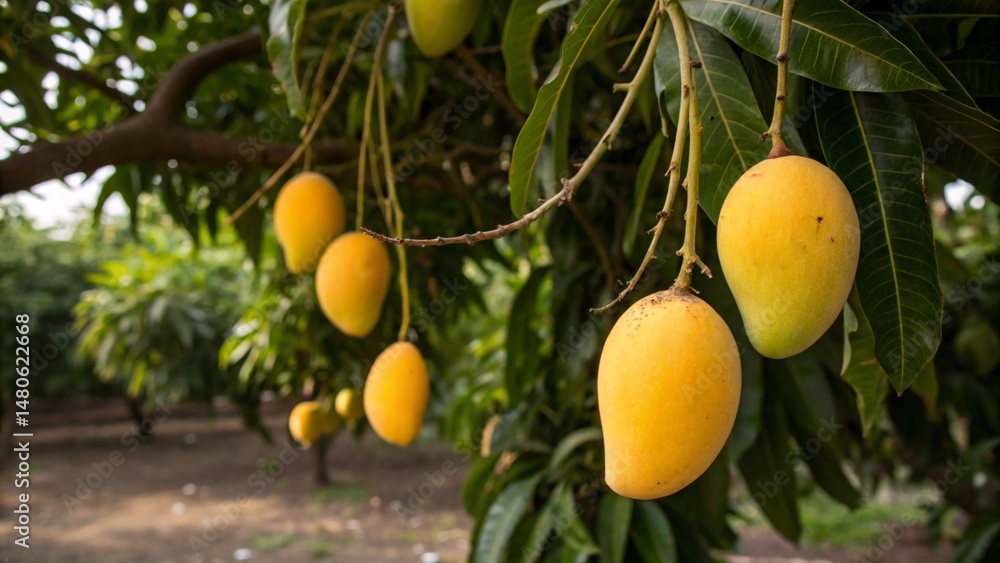 A close up view of ripe yellow mangoes hanging from a tree in a tropical fruit orchard setting created with generated ai A close up view of ripe yellow mangoes hanging from a tree in a tropical fruit orchard setting created with generated ai