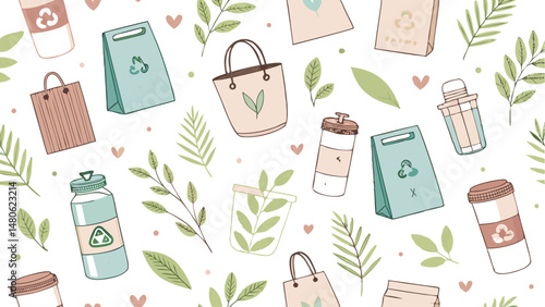 Seamless eco-friendly and recyclable pattern featuring vibrant colors and geometric designs, ideal for various applications.