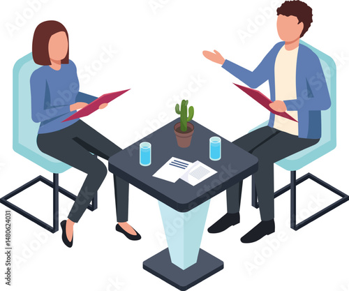 Two business partners are discussing during business meeting at office table, holding documents and sitting on chairs, isometric vector illustration