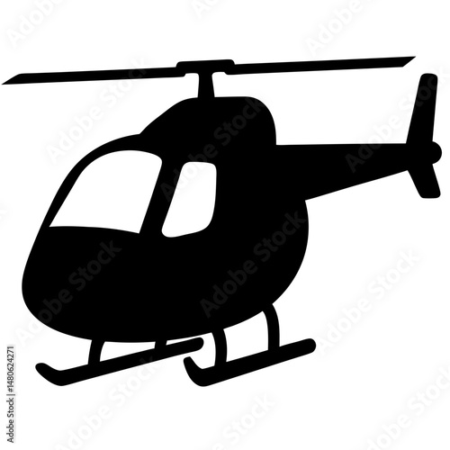A simple black silhouette of a helicopter flying through the air