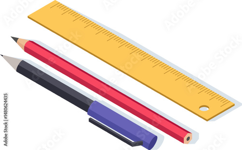 Wooden ruler and two pencils, a graphite pencil and a pen, lying on a white surface, composing a basic stationery set for technical drawing, engineering, architecture or geometry