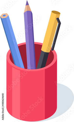 Two pencils and a pen are neatly arranged in a vibrant red pencil holder, adding a pop of color and organization to a workspace or study area