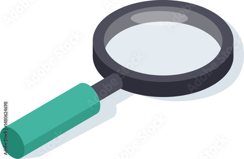 Magnifying glass featuring a green handle, casting a shadow against a white background, emphasizing the act of searching and magnifying details in an isometric view