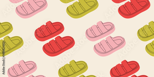 Seamless pattern with different summer cute green, pink, red beach slippers. Endless texture with fashionable and stylish home shoes for print. Colored flat vector illustration.