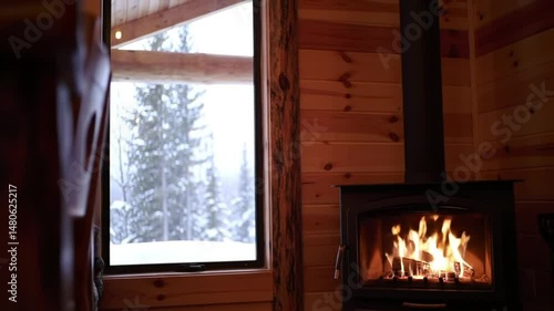 Winter Cabin Warmth Fireplace View Through Window