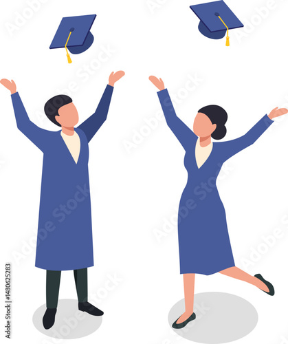 Two happy graduates wearing academic gowns are throwing graduation caps in the air, celebrating their academic achievement and the end of their studies