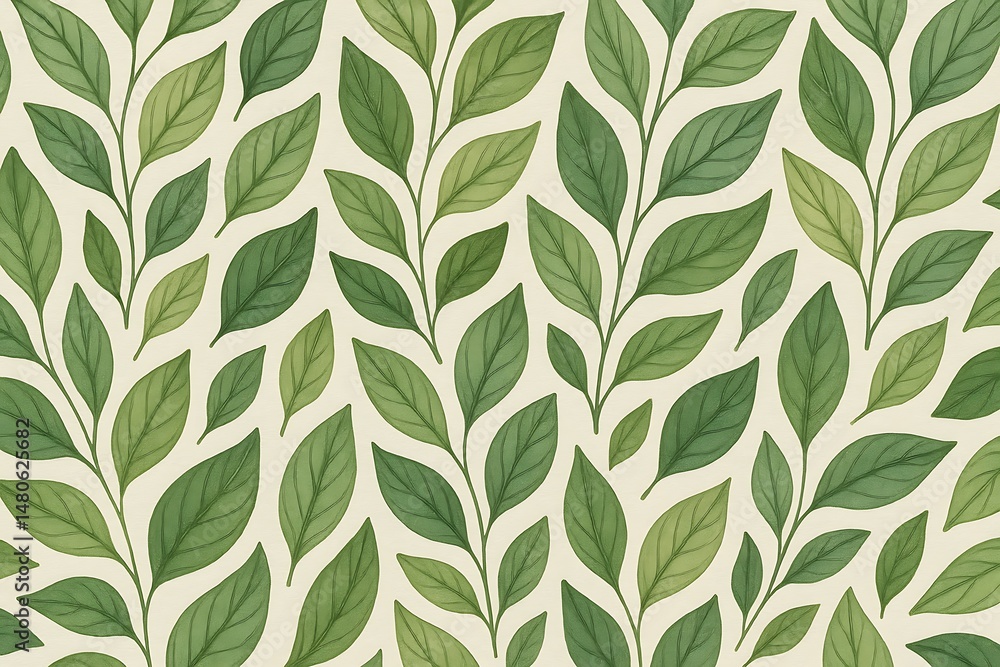 Fototapeta premium A seamless hand drawn leaf pattern design featuring various shades of green leaves on a light beige background, perfect for nature themed designs