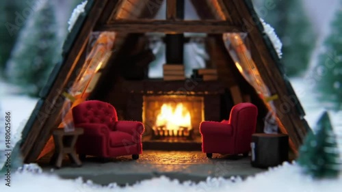 Cozy Cabin In Snowy Forest With Fireplace And Armchairs Winter Holiday