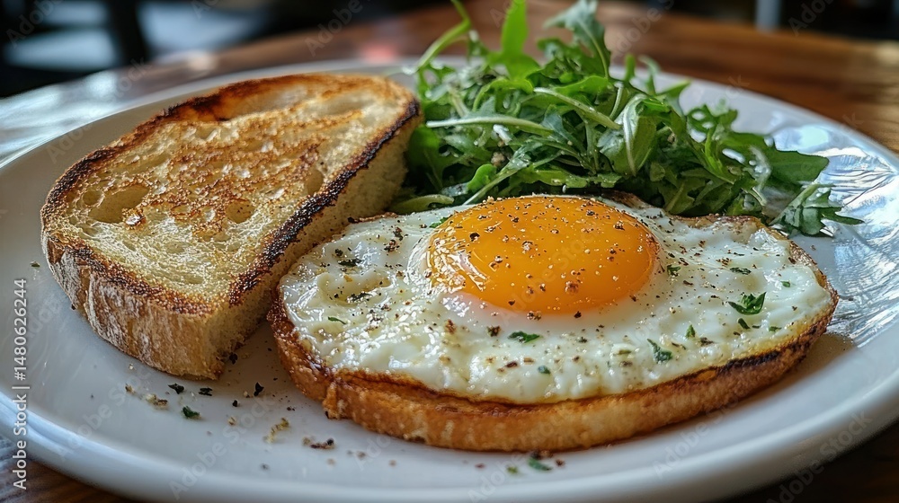 Crispy toasted bread with fried egg and salad Crispy toasted bread with fried egg and salad
