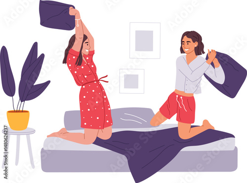 Two cheerful female friends kneeling on a bed, engaging in a playful pillow fight, enjoying laughter and joy during a cozy pajama party in a comfortable home or hotel room