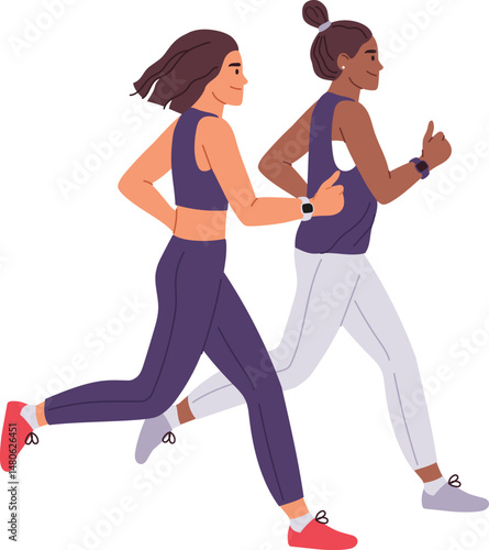 Two young women athletes are running outdoors wearing sportswear and smartwatches giving thumbs up, expressing positivity and motivation during their workout