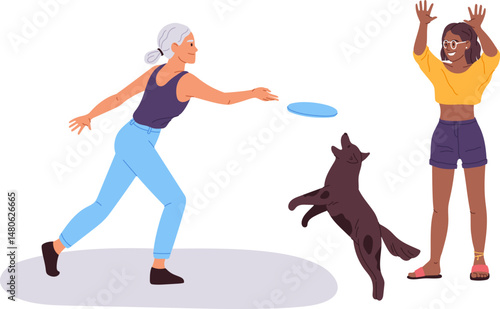 Two joyful women, one older and one younger, enjoying a lively game of frisbee in the park, while their playful dog leaps around, adding to the fun and excitement of the day