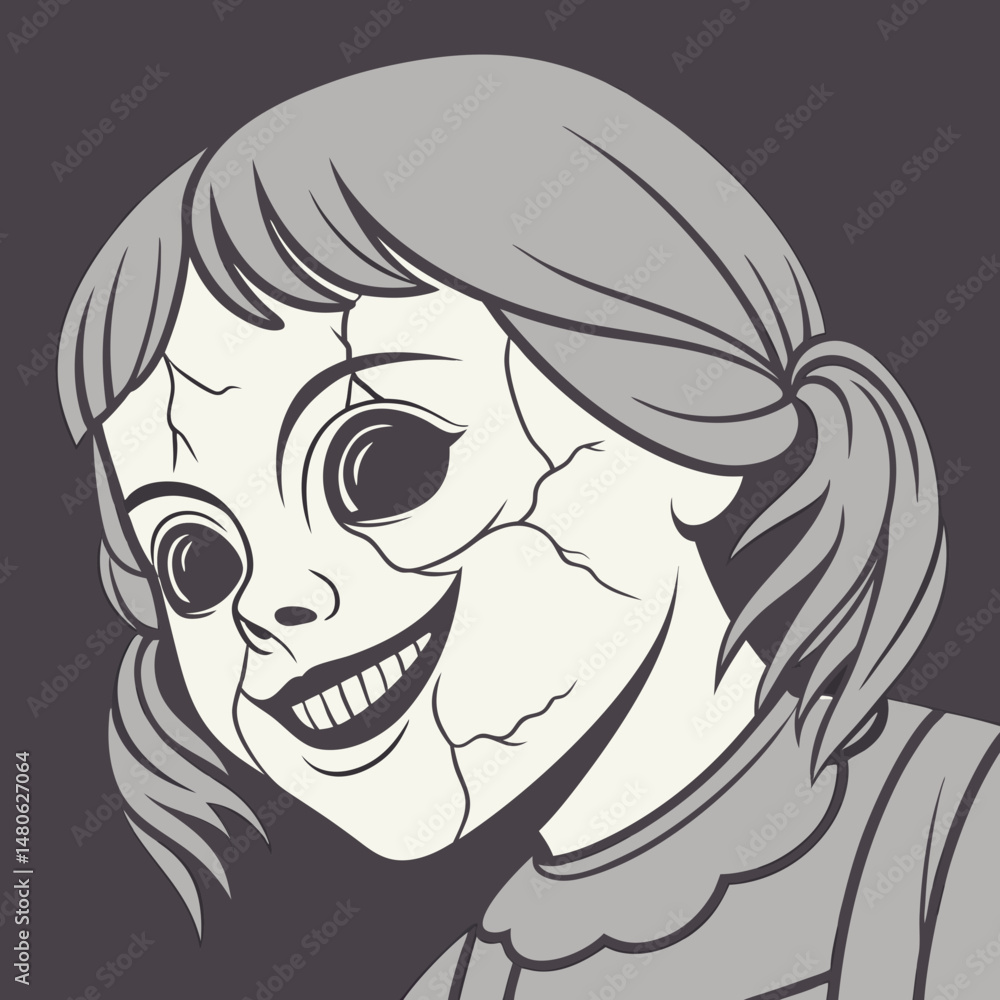 Fototapeta premium Possessed doll face with cracked porcelain and evil smile