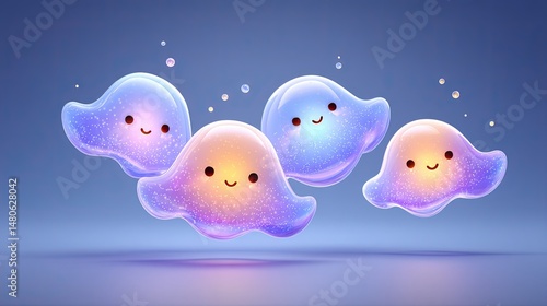 Pastel cartoon bubbles with happy expressions, Colorful, friendly ghost characters with smiling faces and sparkle. Whimsical cartoon bubbles with smiling faces and soft glow