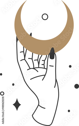 Minimalist line art illustration of a hand with black nails holding a crescent moon with stars, representing spirituality, magic, and celestial energy