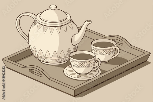 61 elegant white porcelain teapot, detailed ceramic teacup and saucer, wooden serving tray, warm lighting, high-quality realistic rendering, detailed ceramics, intricate patterns, vintage style, studi