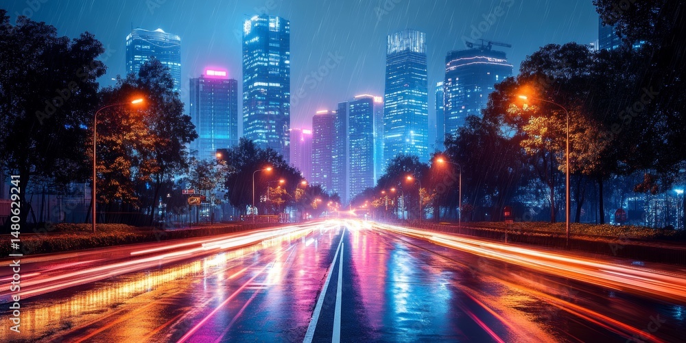 Fototapeta premium A futuristic metropolis at night, illuminated by vibrant neon lights, showcasing urban landscape, with streaks of light.