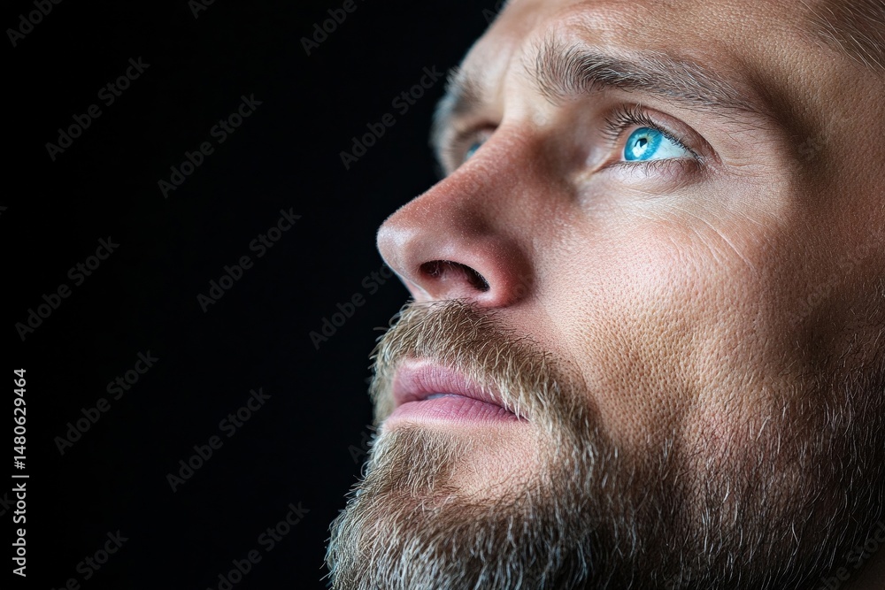 Fototapeta premium tight crop of a man in deep thought, intense eyes, black background