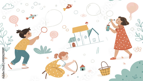 Seamless pattern featuring children playfully interacting with various toys.